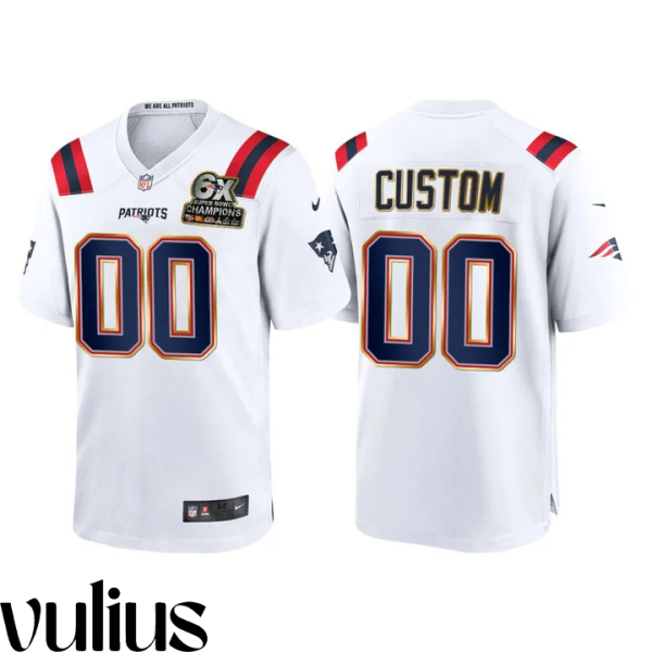 Customizable Patriots Jersey, White Men's Jersey, 6X Super Bowl Champions Patch Game Jersey - Replica