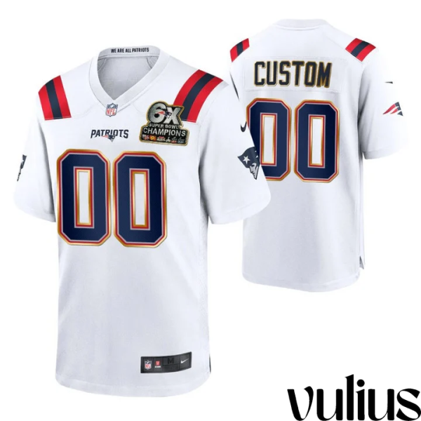 Customizable Patriots Jersey, White Men's Jersey, 6X Super Bowl Champions Patch Jersey - Replica