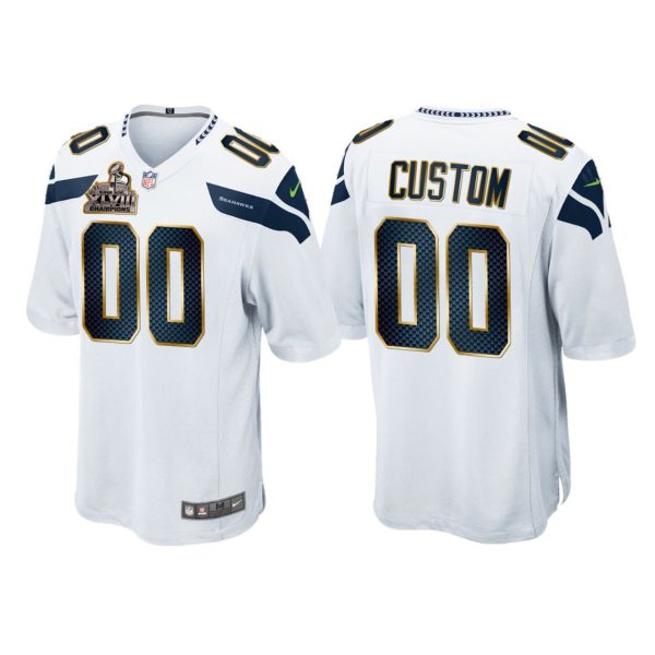 Men's Seattle Seahawks #00 Custom White Super Bowl XLVIII Champions Patch Game Jersey - Replica