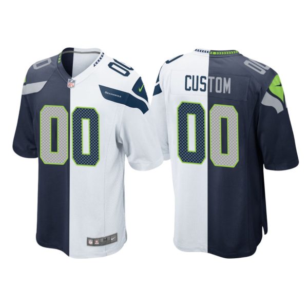 Men's Seattle Seahawks Custom Split Two Tone Game Jersey - Navy White - Replica