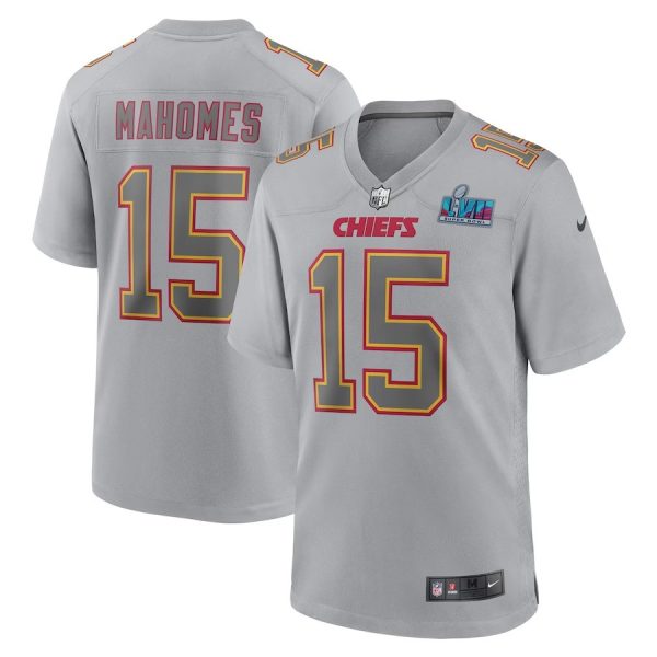 Men's Patrick Mahomes Gray Kansas City Chiefs Super Bowl LVII Patch Atmosphere Fashion Game Jersey - Replica