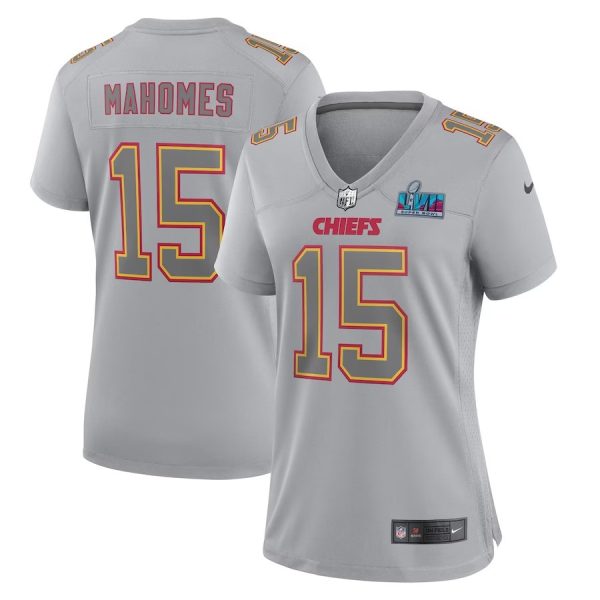 Woman's Patrick Mahomes Gray Kansas City Chiefs Super Bowl LVII Patch Atmosphere Fashion Game Jersey - Replica