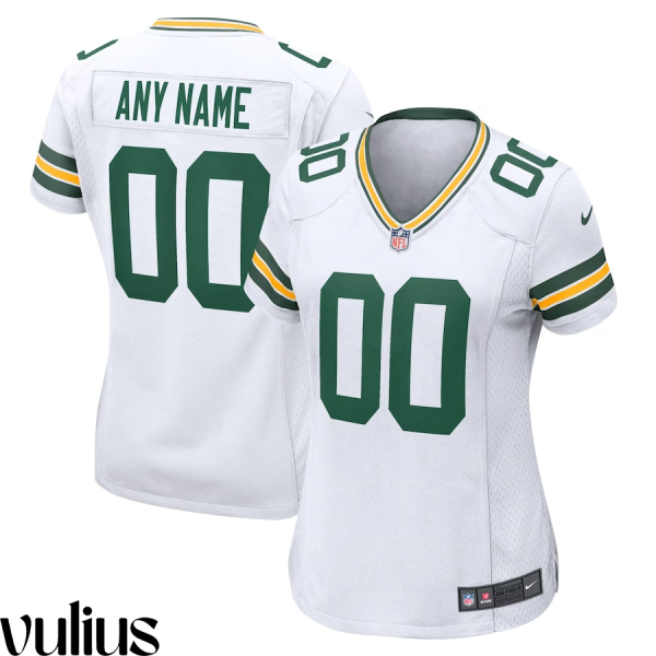 Packers Custom Jersey, White Woman's, Road Game Custom Jersey - Replica