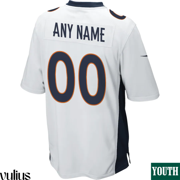 Custom Broncos Jersey, White Youth's, Road Game Jersey - Replica