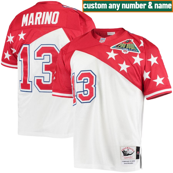 Dolphins Custom Jersey, White/Red Men's, AFC 1994 Pro Bowl Jersey - Replica