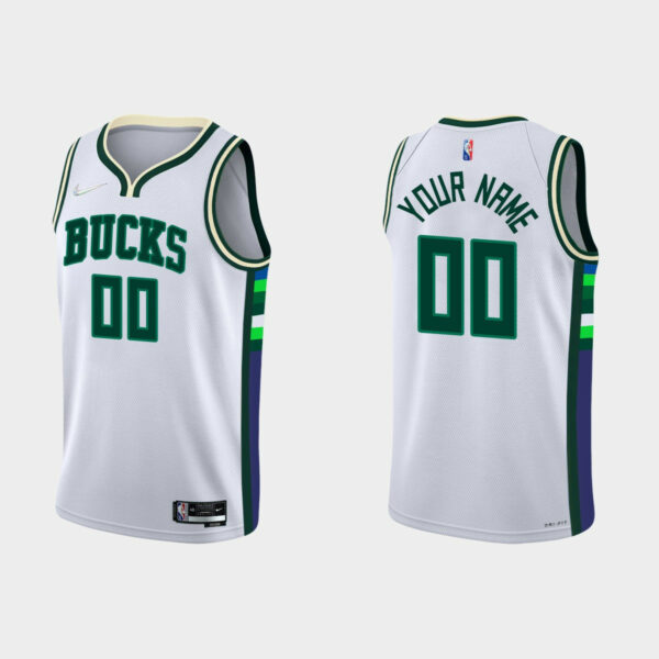 Men's Milwaukee Bucks #00 Custom 2021-22 NBA 75th Anniversary City White Jersey - Replica