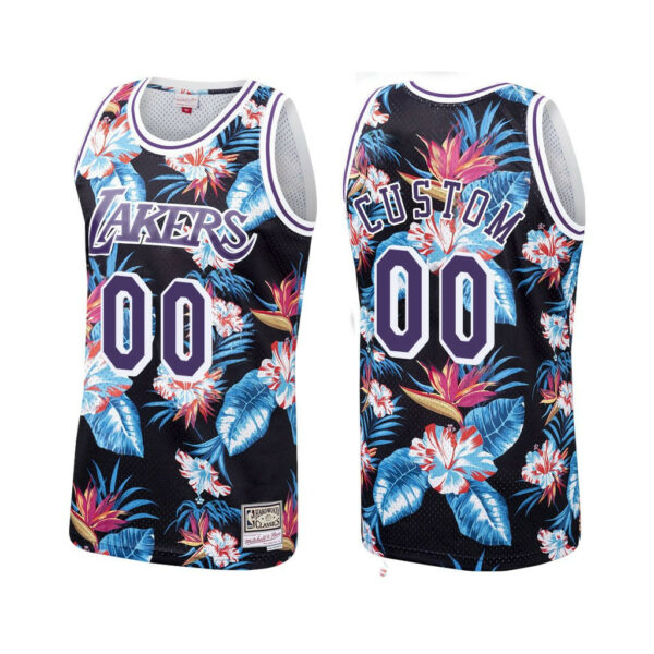 Men's Custom Los Angeles Lakers Black Jersey Floral Fashion Hardwood Classics - Replica