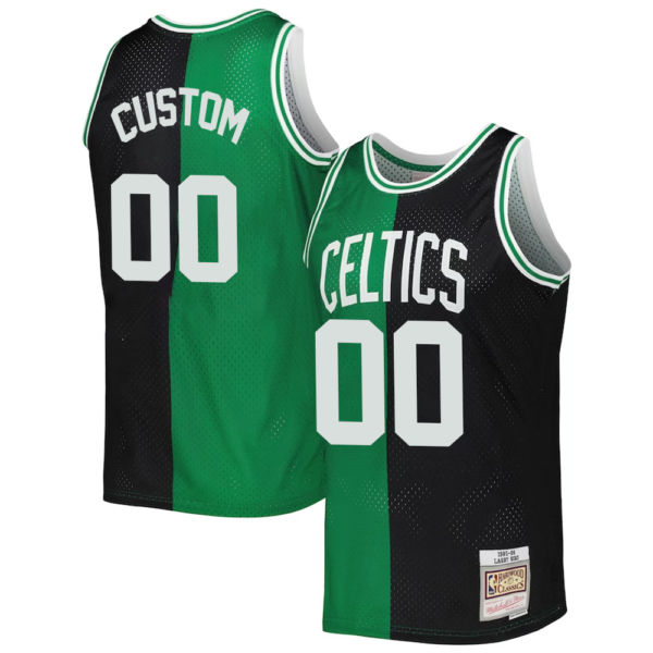 Custom Boston Celtics Mitchell _ Ness Hardwood Classics 1985-86 Split Swingman Jersey - Black Kelly Green - Replica