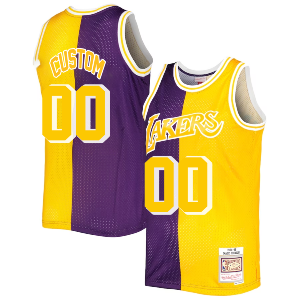 Custom Los Angeles Lakers Mitchell _ Ness Hardwood Classics 1984-85 Split Swingman Jersey - Purple Gold - Replica