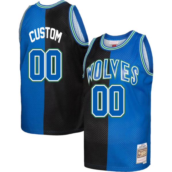 Custom Minnesota Timberwolves Mitchell _ Ness Hardwood Classics 1995-96 Split Swingman Jersey - Black-Blue - Replica