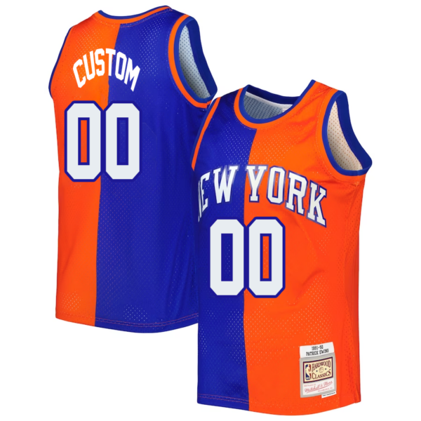 Custom New York Knicks Mitchell _ Ness Hardwood Classics 1991-92 Split Swingman Jersey - Blue Orange - Replica