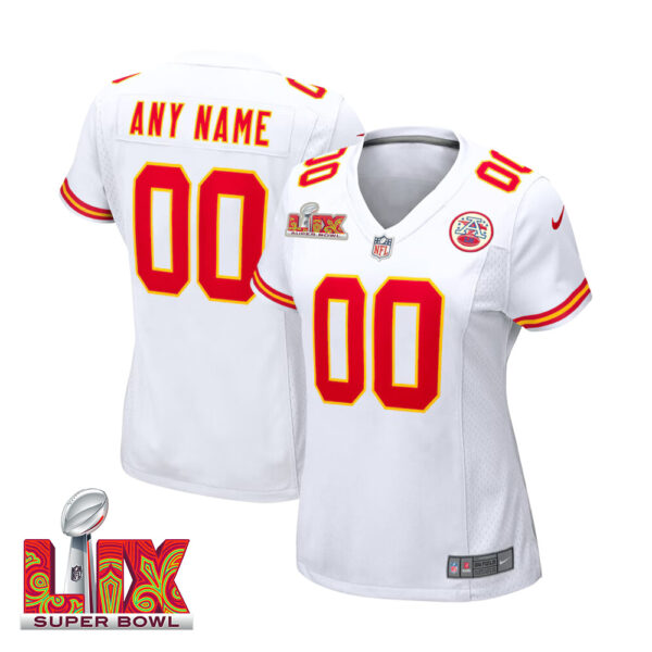 Woman Custom Super Bowl LIX Kansas City Chiefs Away Game Jersey – White – Replica