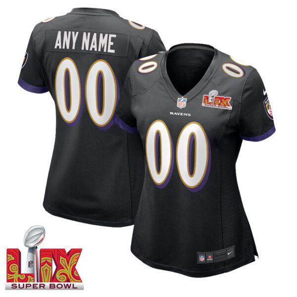 Woman’s Custom Baltimore Ravens Super Bowl LIX Black Away Jersey –