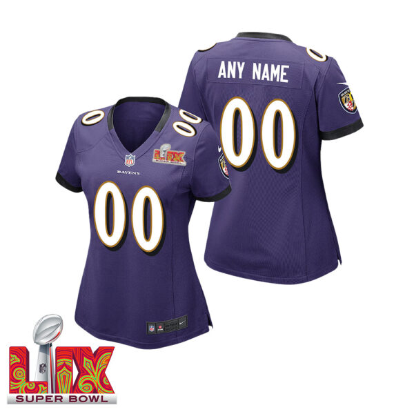 Woman’s Custom Baltimore Ravens Super Bowl LIX Purple Home Jersey – Replica