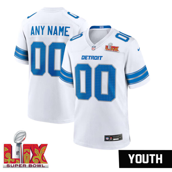 Youth Custom Super Bowl LIX Detroit Lions Game Jersey – White – Replica