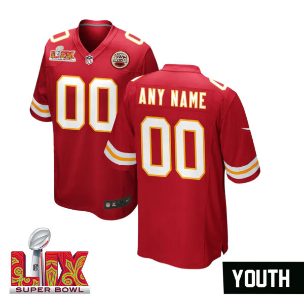 Youth Custom Super Bowl LIX Kansas City Chiefs Home Game Jersey – Red – Replica