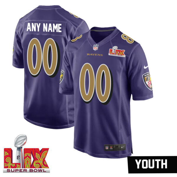 Youth’s Custom Baltimore Ravens Super Bowl LIX Alternate Jersey –