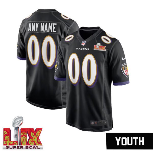 Youth’s Custom Baltimore Ravens Super Bowl LIX Black Away Jersey – Replica