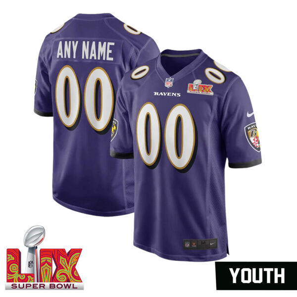 Youth’s Custom Baltimore Ravens Super Bowl LIX Purple Home Jersey – Replica